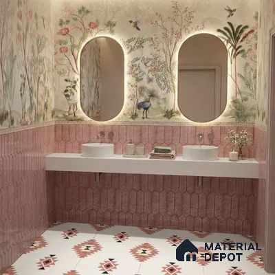 Eclectic bathroom with pink hexagonal wall tiles, nature-themed wallpaper, and patterned floor tiles