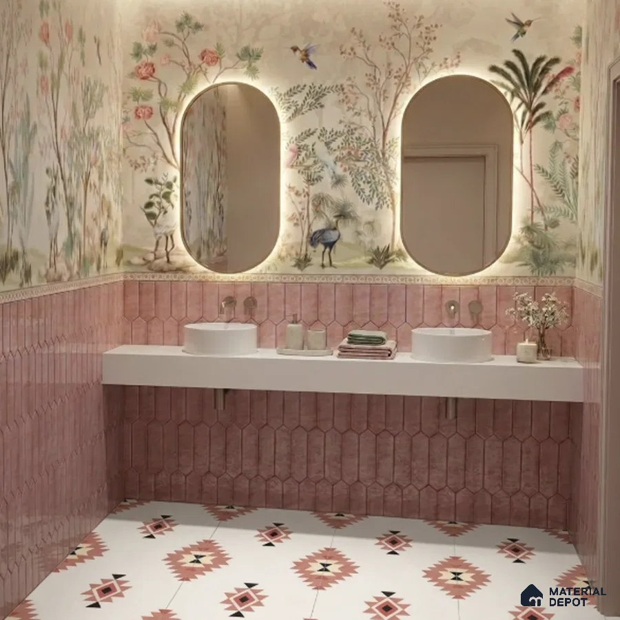 Eclectic bathroom with pink hexagonal wall tiles, nature-themed wallpaper, and patterned floor tiles