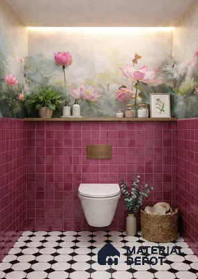 Eclectic bathroom with pink square wall tiles, floral mural wallpaper, and black-and-white geometric floor tiles