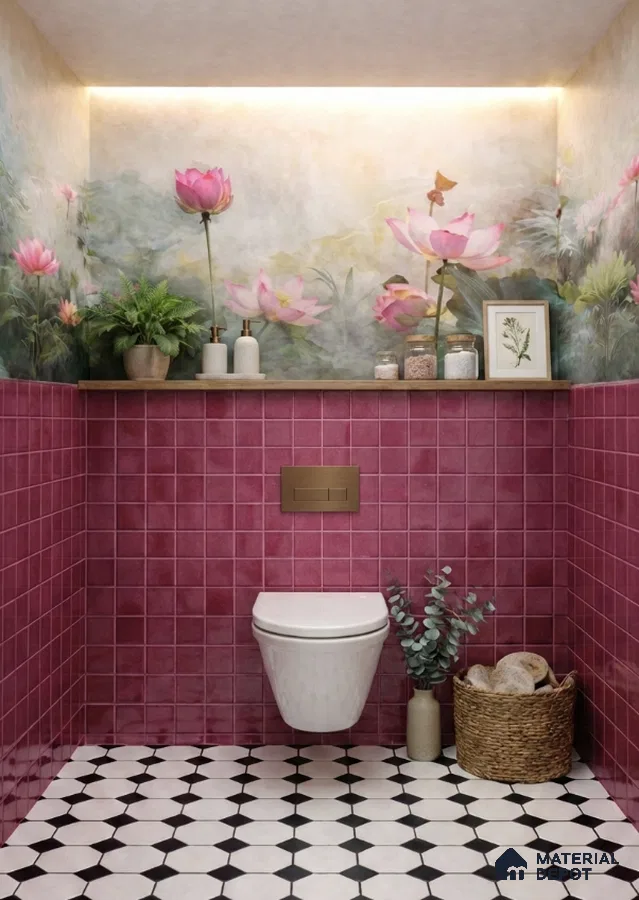 Eclectic bathroom with pink square wall tiles, floral mural wallpaper, and black-and-white geometric floor tiles