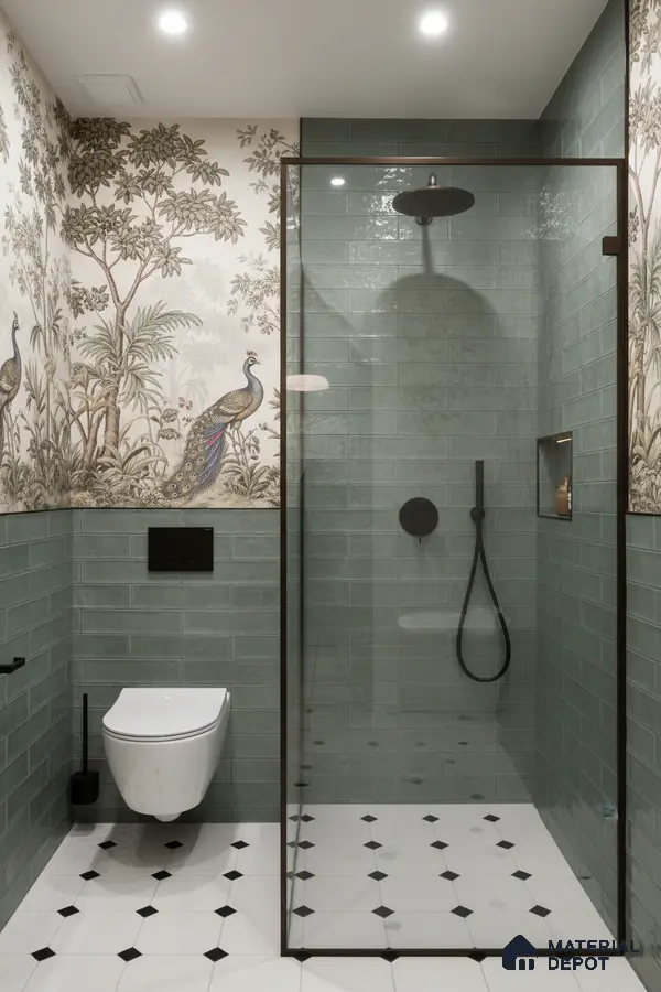 Eclectic bathroom with sage green subway wall tiles, nature wallpaper, and black-and-white geometric floor tiles | Material Depot