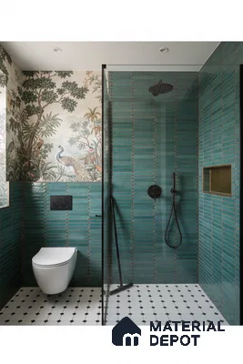 Eclectic bathroom with teal kitkat wall tiles, nature-themed wallpaper, and black-and-white geometric floor tiles | Material Depot