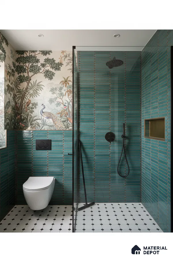 Eclectic bathroom with teal kitkat wall tiles, nature-themed wallpaper, and black-and-white geometric floor tiles | Material Depot