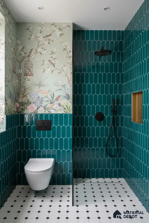 Eclectic bathroom with teal scallop wall tiles, chinoiserie floral wallpaper, and black-and-white geometric floor tiles | Material Depot