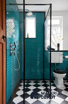 Eclectic Bathroom With Teal Subway Tiles And Black & White Checkerboard Floor | Material Depot