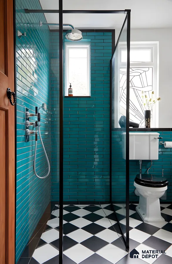 Eclectic Bathroom With Teal Subway Tiles And Black & White Checkerboard Floor | Material Depot
