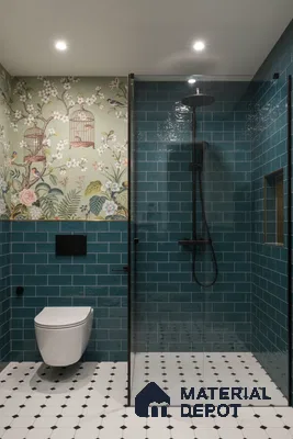 Eclectic bathroom with teal subway wall tiles, chinoiserie floral wallpaper, and black-and-white geometric floor tiles | Material Depot