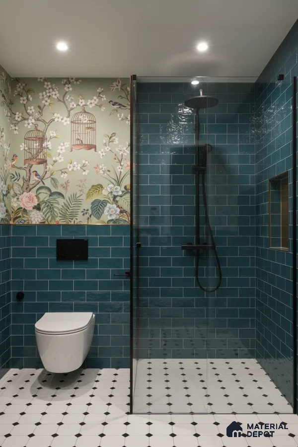 Eclectic bathroom with teal subway wall tiles, chinoiserie floral wallpaper, and black-and-white geometric floor tiles | Material Depot