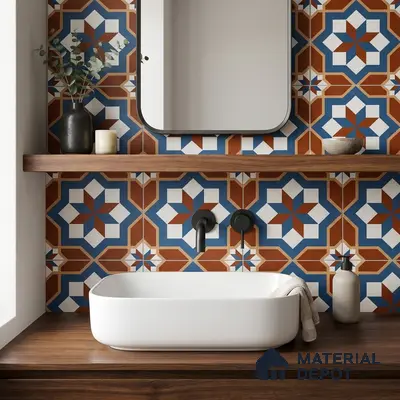 Eclectic bathroom with terracotta and blue geometric moroccan wall tiles and walnut wood countertop