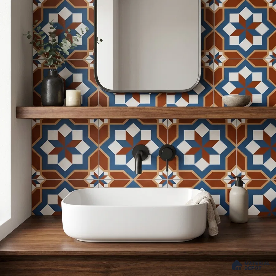 Eclectic bathroom with terracotta and blue geometric moroccan wall tiles and walnut wood countertop