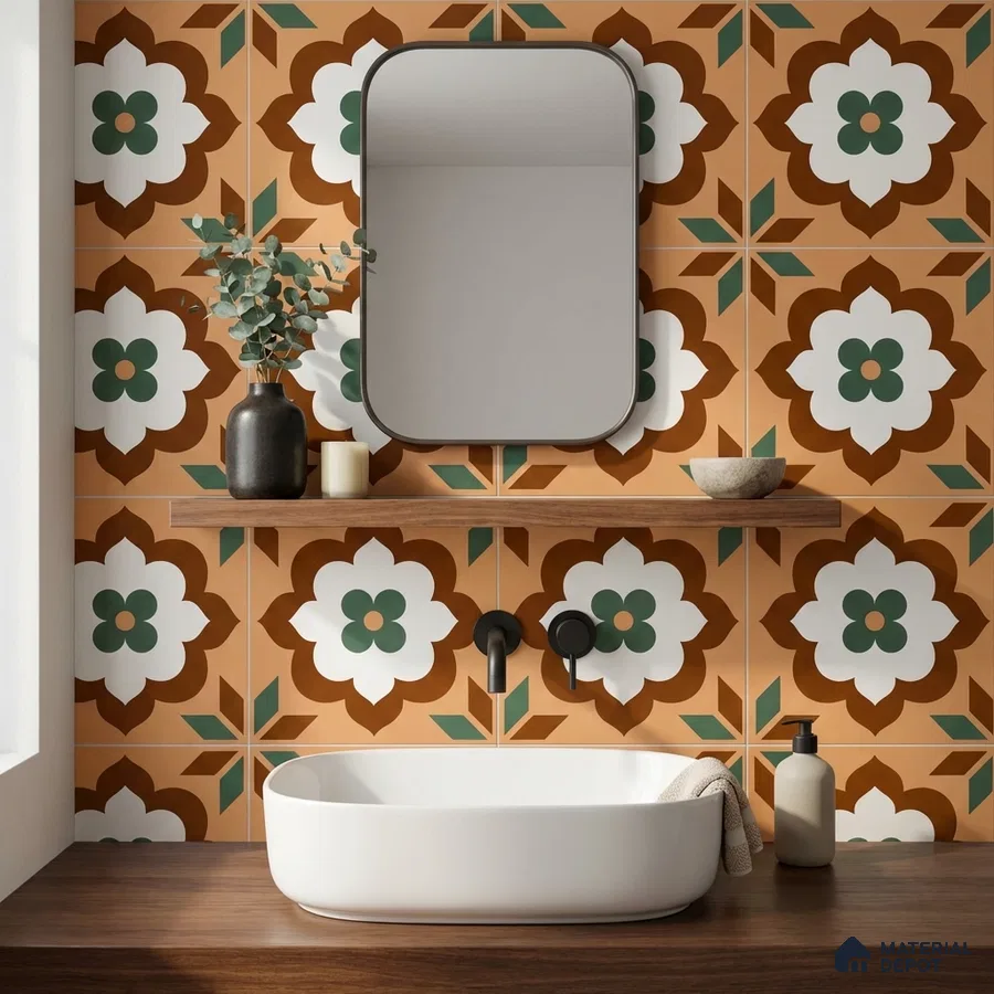 Eclectic bathroom with terracotta floral patterned wall tiles and walnut wood countertop