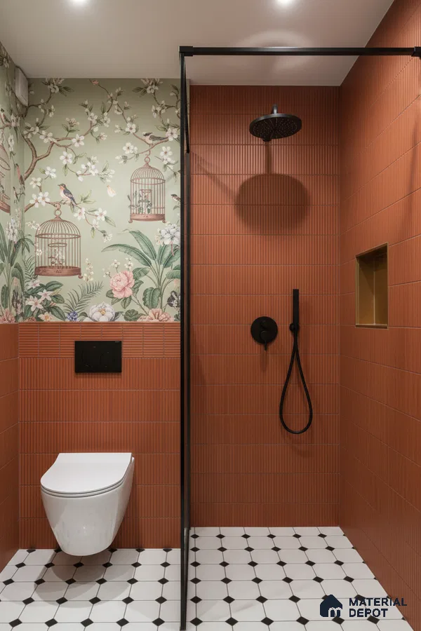 Eclectic bathroom with terracotta fluted wall tiles, floral wallpaper, and black-and-white geometric floor tiles | Material Depot