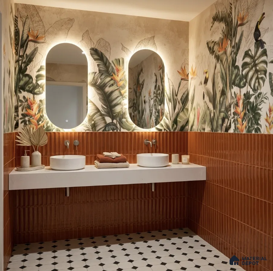 Eclectic bathroom with terracotta fluted wall tiles, tropical floral wallpaper, and black-and-white geometric floor tiles