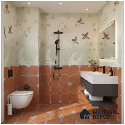 Eclectic bathroom with terracotta geometric floor and wall tiles and nature-inspired wallpaper in Bengaluru | Material Depot