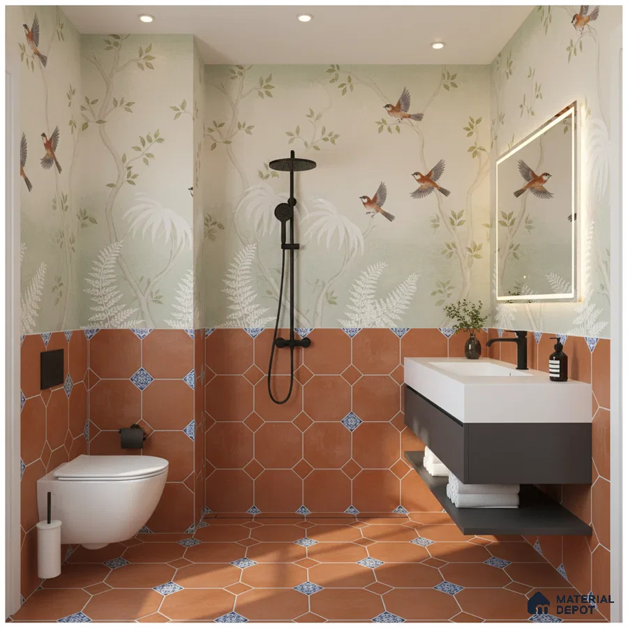 Eclectic bathroom with terracotta geometric floor and wall tiles and nature-inspired wallpaper in Bengaluru | Material Depot