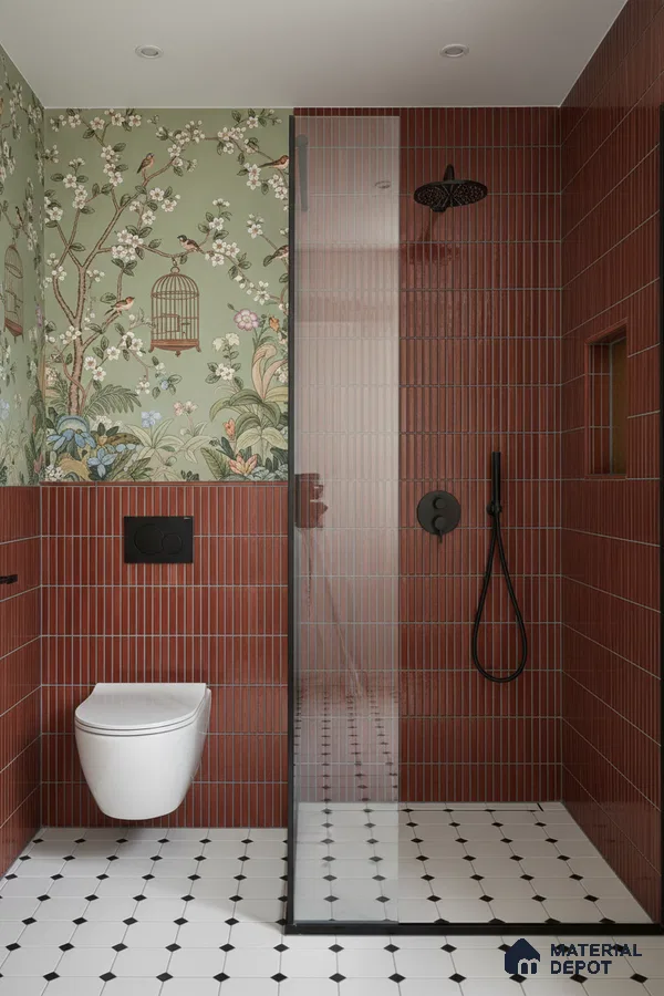 Eclectic bathroom with terracotta kitkat wall tiles, floral wallpaper, and black-and-white geometric floor tiles | Material Depot