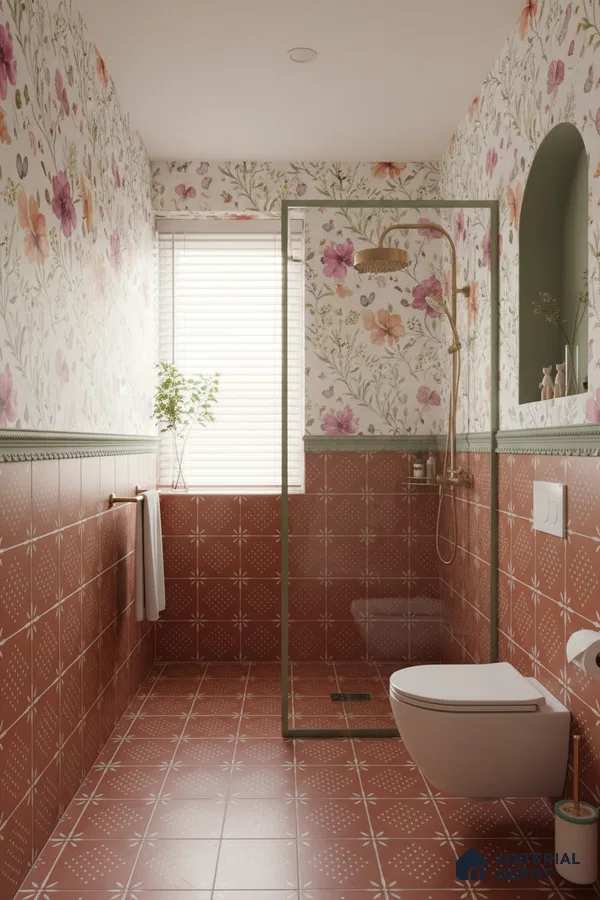 Eclectic bathroom with terracotta patterned tiles and floral wallpaper in Bengaluru | Material Depot
