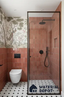 Eclectic bathroom with terracotta vertical subway wall tiles, chinoiserie wallpaper, and black-and-white geometric floor tiles | Material Depot