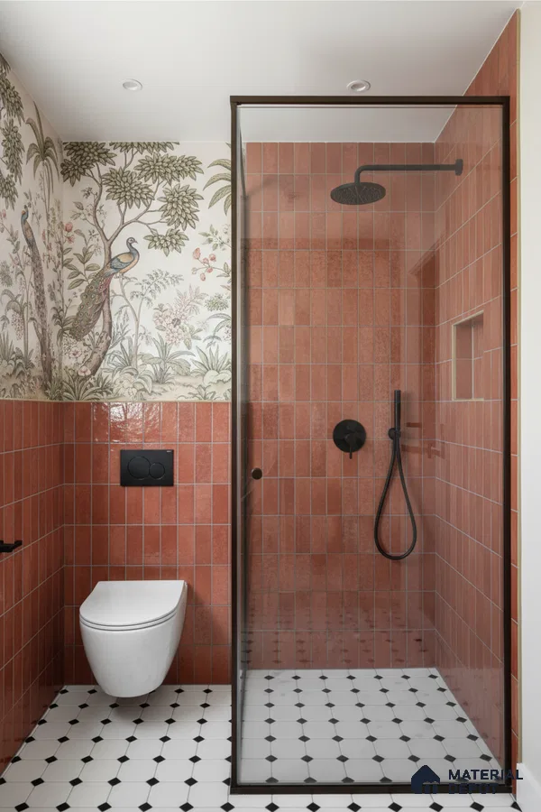 Eclectic bathroom with terracotta vertical subway wall tiles, chinoiserie wallpaper, and black-and-white geometric floor tiles | Material Depot