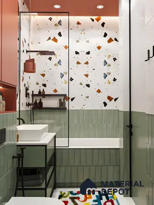 Eclectic Bathroom with Terrazzo and Green Subway Tiles | Material Depot