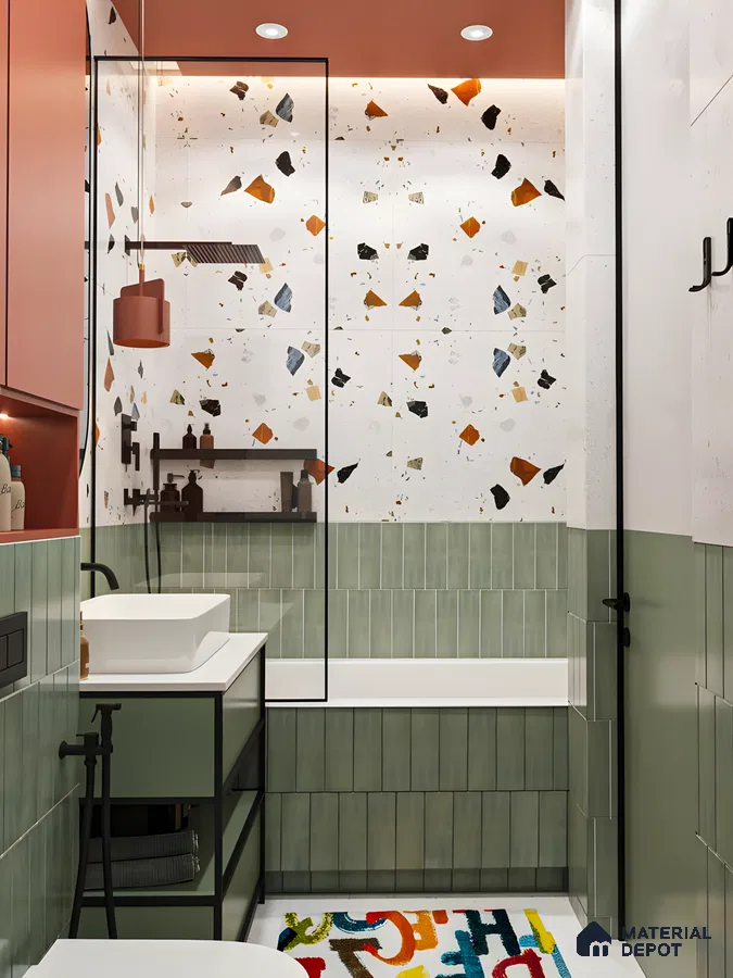 Eclectic Bathroom with Terrazzo and Green Subway Tiles | Material Depot