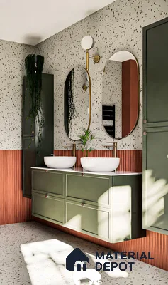 Eclectic Bathroom with Terrazzo Walls and Dual Vanity in Shades of Olive and Coral | Material Depot