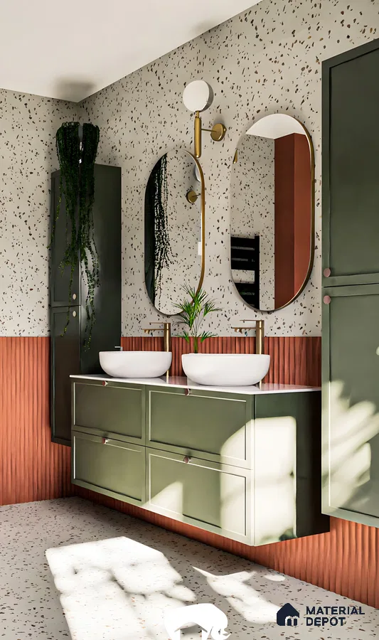 Eclectic Bathroom with Terrazzo Walls and Dual Vanity in Shades of Olive and Coral | Material Depot