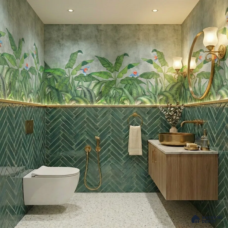 Eclectic bathroom with tropical wallpaper, green herringbone wall tiles, terrazzo floor, and wooden vanity