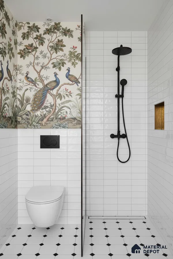 Eclectic bathroom with white subway wall tiles, peacock floral highlighter tile, and black-and-white geometric floor tiles | Material Depot