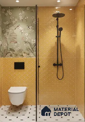 Eclectic bathroom with yellow fish scale wall tiles, floral wallpaper, and white geometric floor tiles | Material Depot