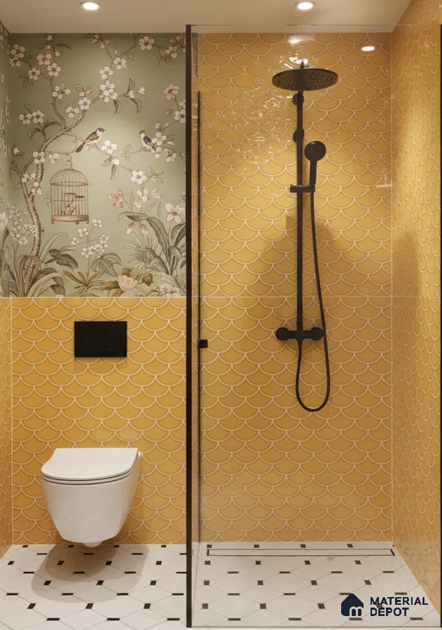 Eclectic bathroom with yellow fish scale wall tiles, floral wallpaper, and white geometric floor tiles | Material Depot