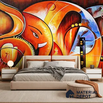Eclectic bedroom with abstract Ganesh mural wallpaper and beige upholstered bed in Bengaluru