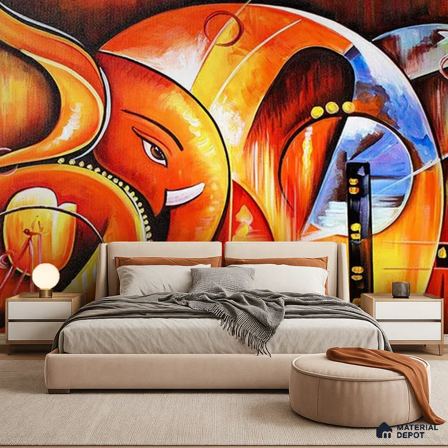 Eclectic bedroom with abstract Ganesh mural wallpaper and beige upholstered bed in Bengaluru