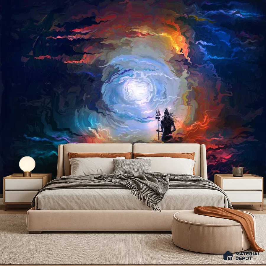 Eclectic bedroom with abstract mural wallpaper and beige upholstered bed in Bengaluru