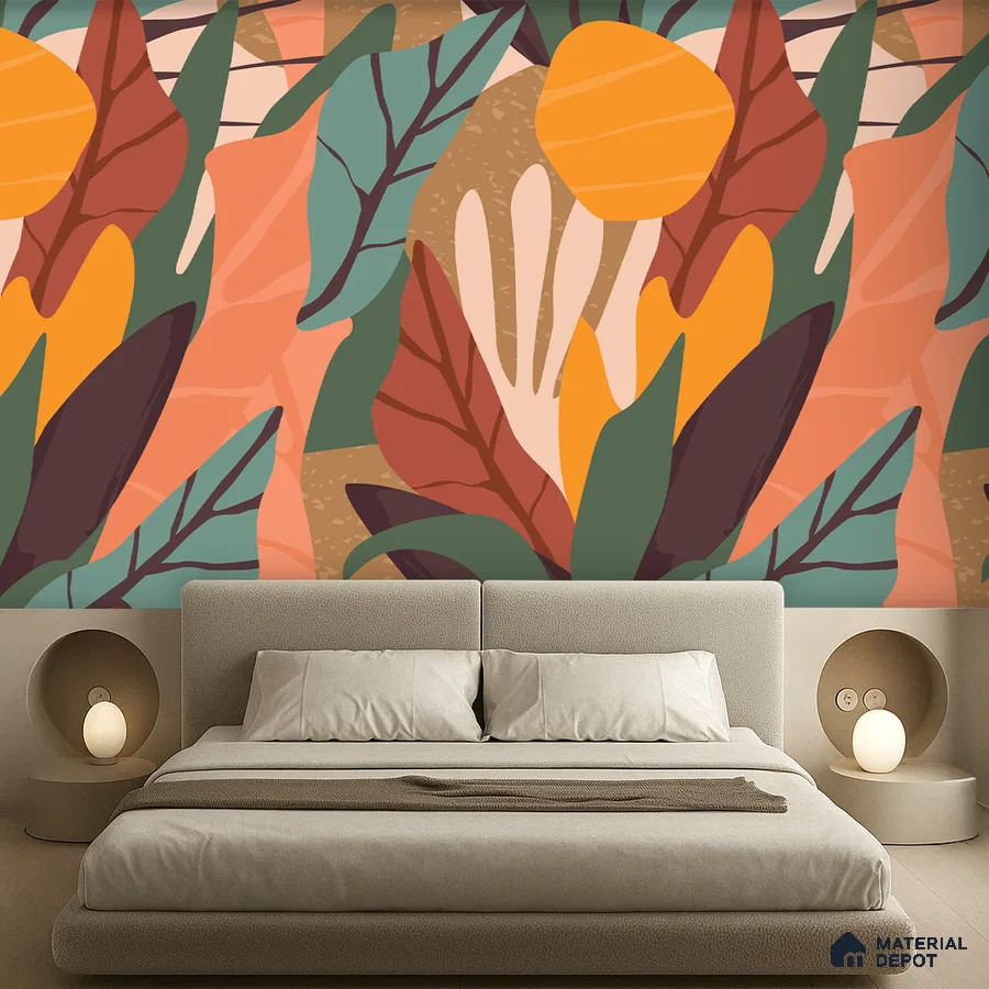 Eclectic bedroom with bold abstract floral wallpaper and beige upholstered bed in Bengaluru