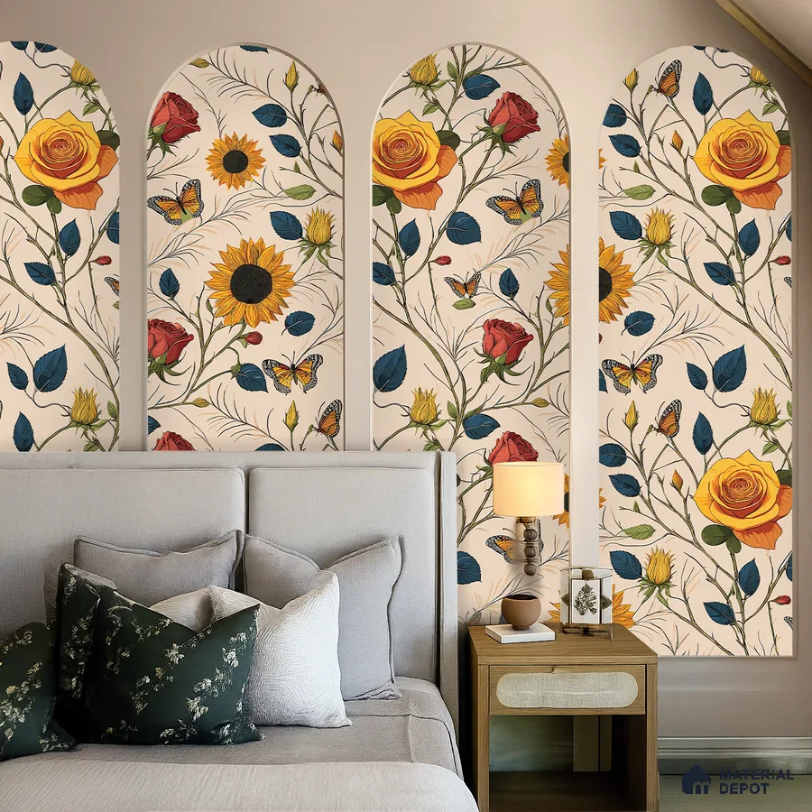 Eclectic bedroom with bold floral wallpaper and upholstered bed in Bengaluru