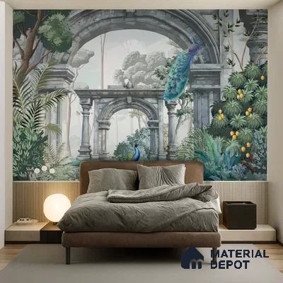 Eclectic bedroom with chinoiserie mural wallpaper, suede upholstered bed, and fluted wood paneling in Bengaluru