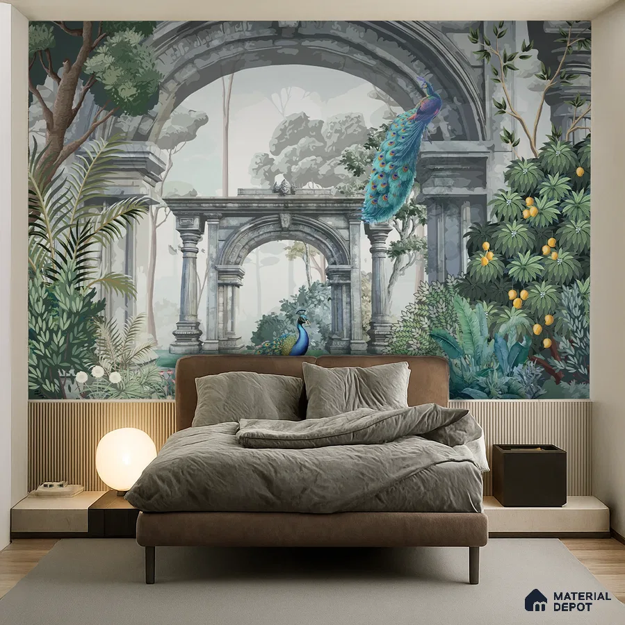 Eclectic bedroom with chinoiserie mural wallpaper, suede upholstered bed, and fluted wood paneling in Bengaluru