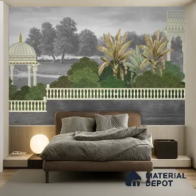 Eclectic bedroom with chinoiserie mural wallpaper, suede upholstered bed, and fluted wood paneling in Bengaluru