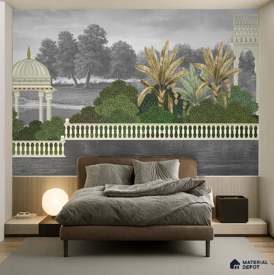 Eclectic bedroom with chinoiserie mural wallpaper, suede upholstered bed, and fluted wood paneling in Bengaluru