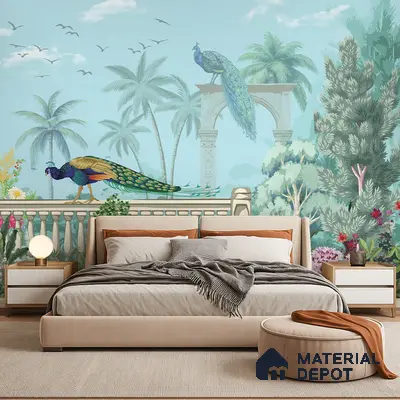 Eclectic bedroom with chinoiserie peacock wallpaper and beige upholstered bed in Bengaluru
