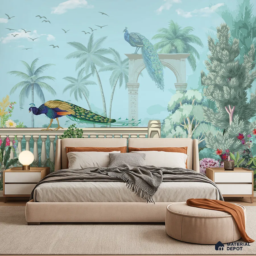 Eclectic bedroom with chinoiserie peacock wallpaper and beige upholstered bed in Bengaluru