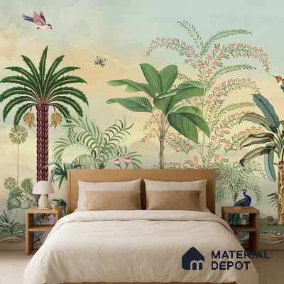 Eclectic bedroom with chinoiserie tropical wallpaper and natural wood bed in Bengaluru