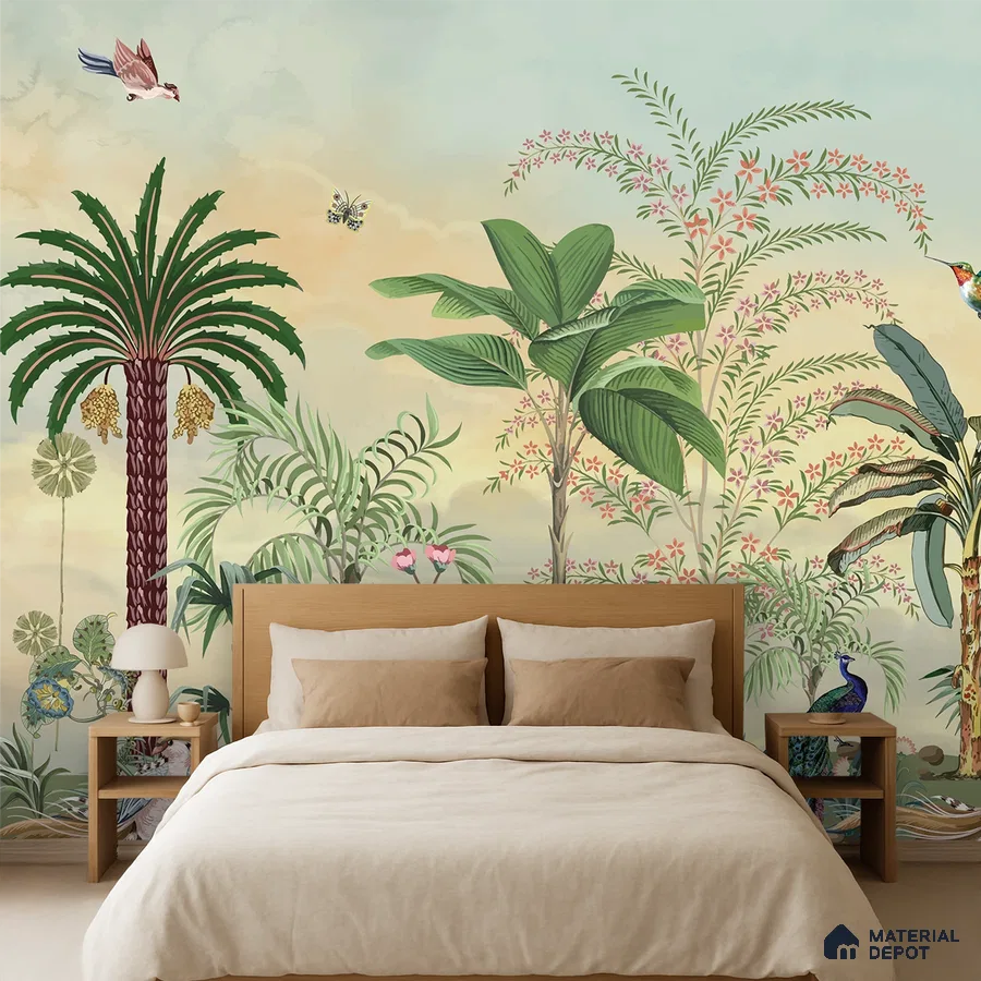 Eclectic bedroom with chinoiserie tropical wallpaper and natural wood bed in Bengaluru
