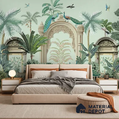 Eclectic bedroom with chinoiserie wallpaper, beige upholstered bed, and neutral palette in Bengaluru