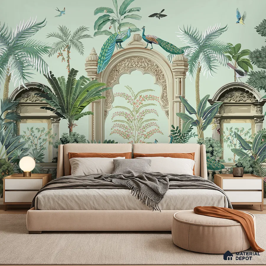 Eclectic bedroom with chinoiserie wallpaper, beige upholstered bed, and neutral palette in Bengaluru