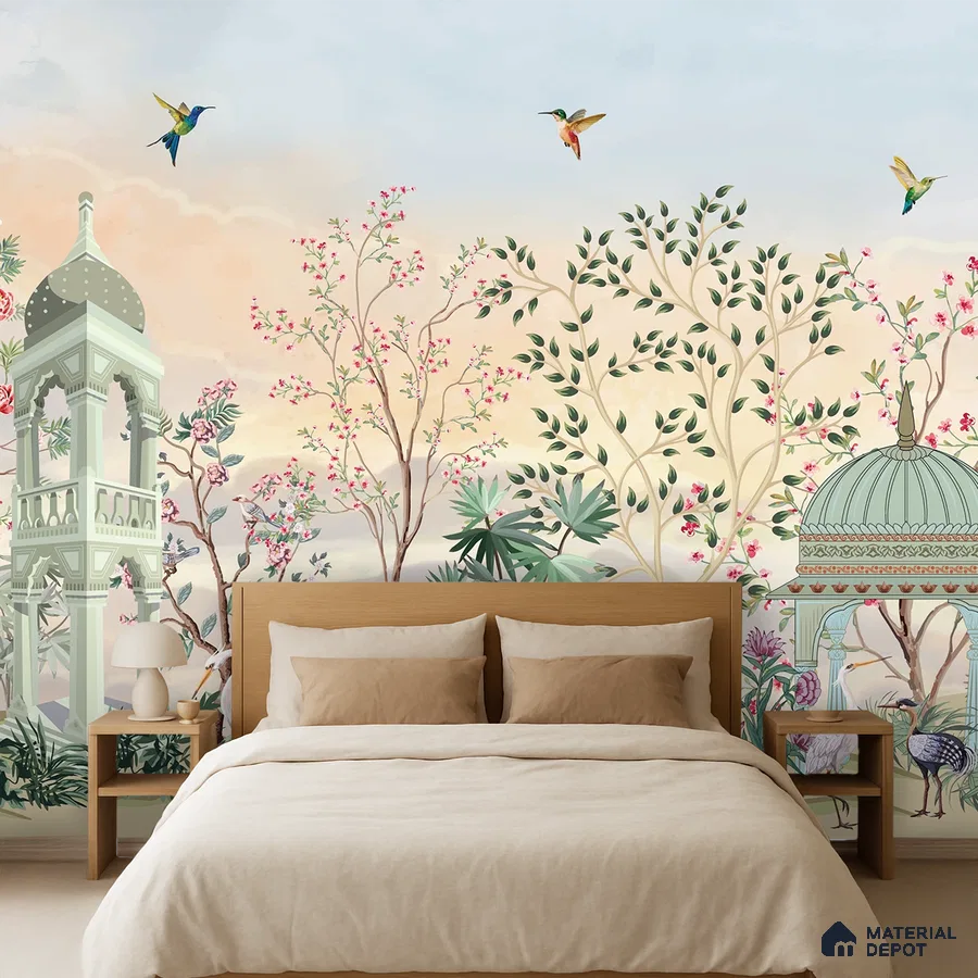 Eclectic bedroom with chinoiserie wallpaper, natural wood bed, and neutral bedding in Bengaluru