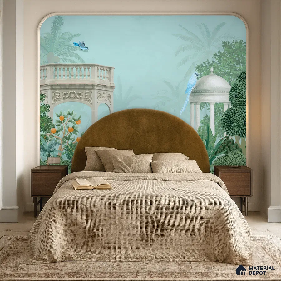 Eclectic bedroom with chinoiserie wallpaper, suede upholstered bed, and natural wood nightstands in Bengaluru