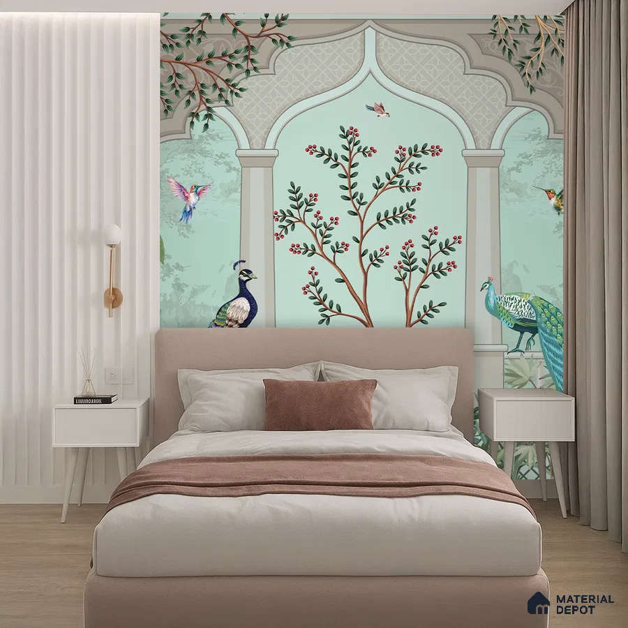 Eclectic bedroom with chinoiserie wallpaper, suede upholstered bed, and neutral wood flooring in Bengaluru