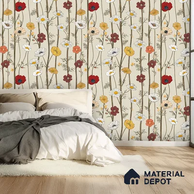 Eclectic bedroom with floral wallpaper and light oak wooden flooring in Bengaluru
